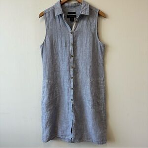 Tahari 100% Linen Sleeveless Blue Stripe Button-Down Dress